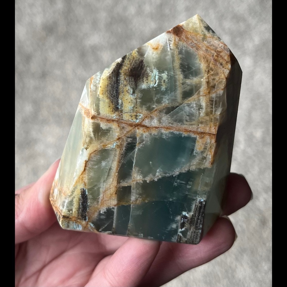 Lemurian Aquatine Calcite/Brazilian Blue Onyx Point (Polished) - Picture 8 of 17